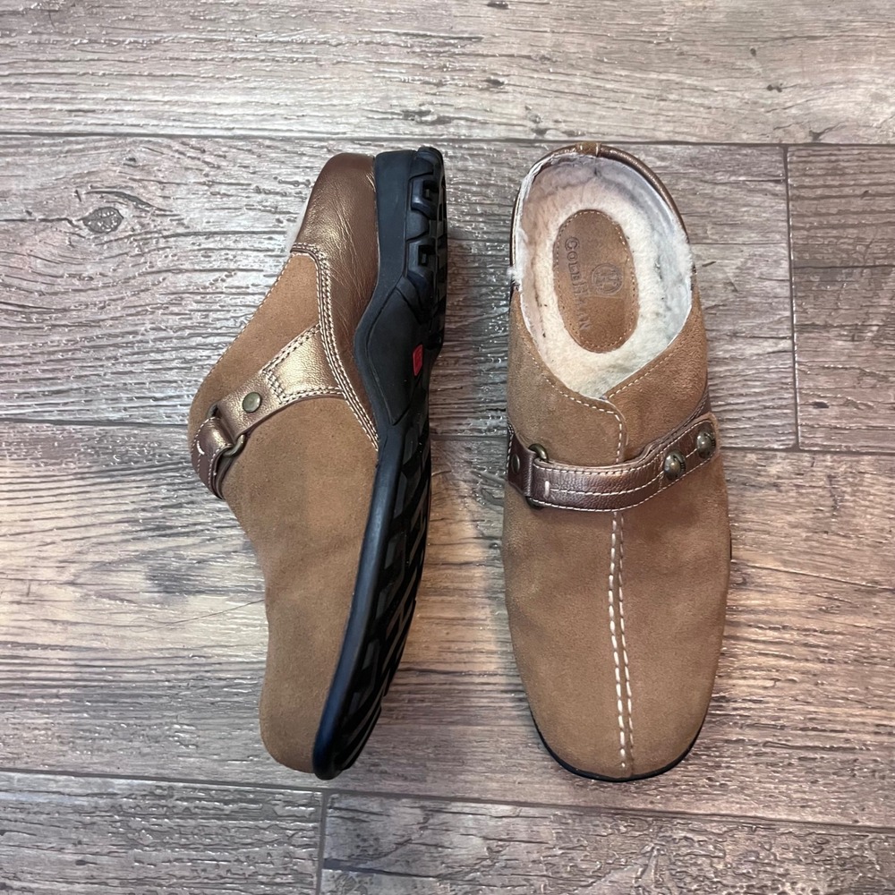 Cole Haan Waterproof Suede Clogs Tan Bronze Faux Fur Mules D18026 Womens 7.5 B